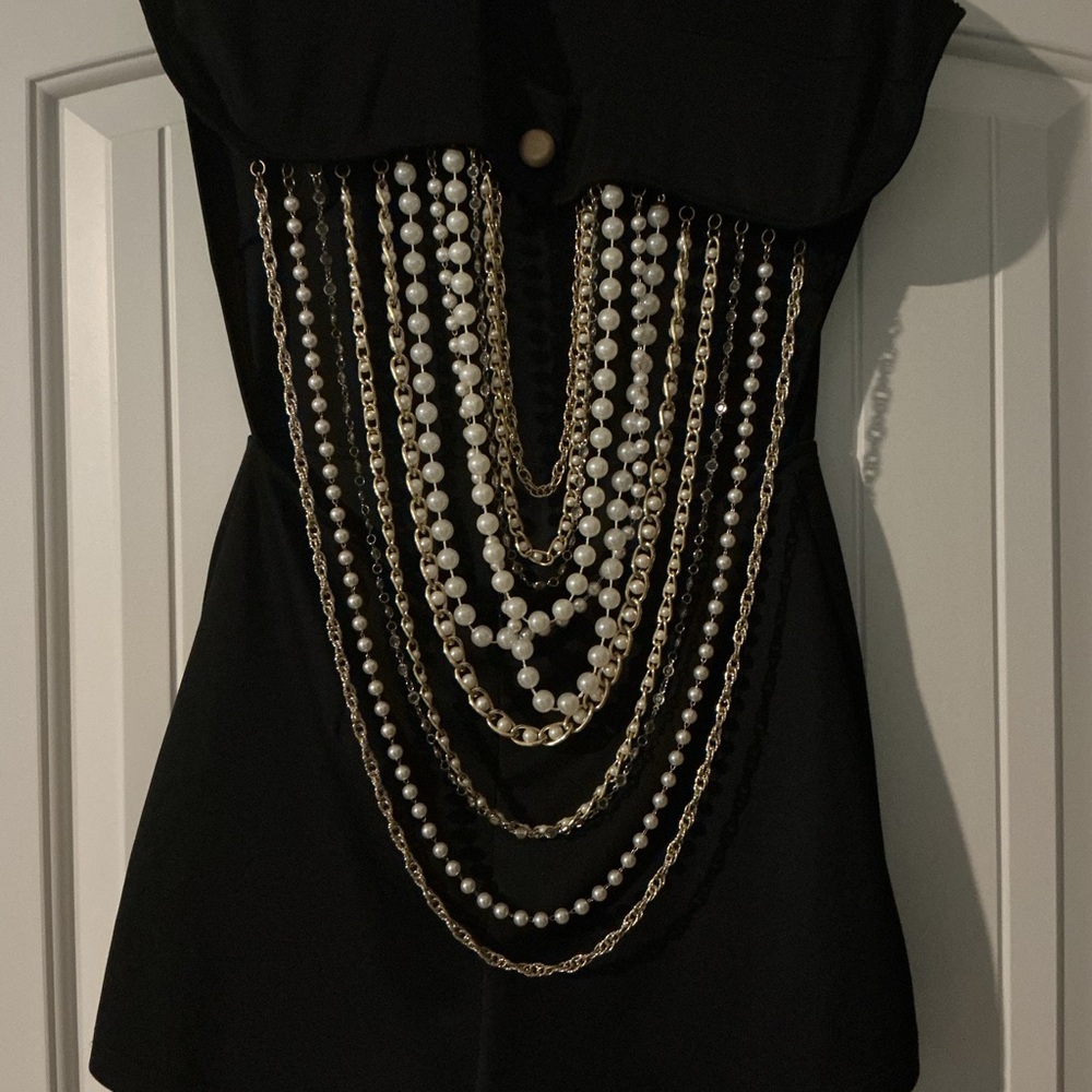 Black romper shorts with jeweled Layered Pearl and Gold Chain Detail